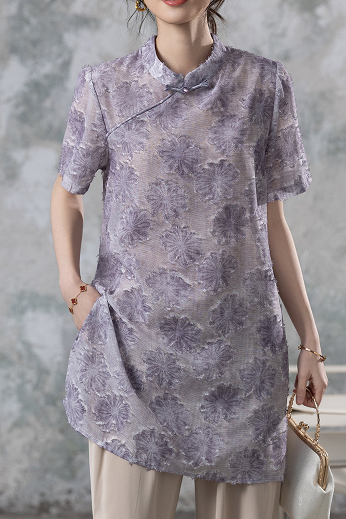 Women's Short Sleeve Button Print Qipao Satin Blouse