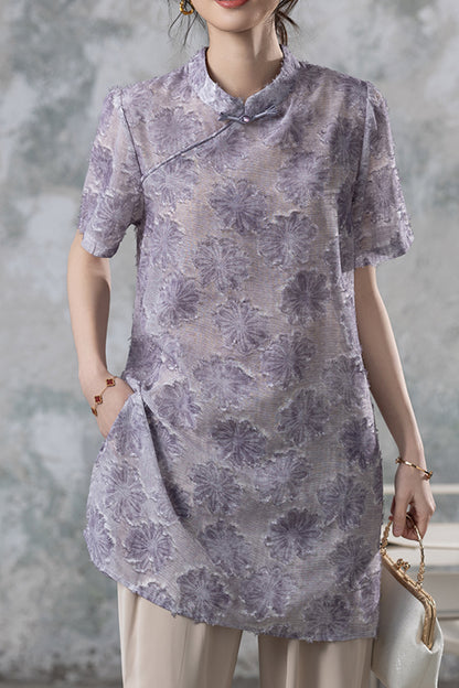 Women's Short Sleeve Button Print Qipao Satin Blouse