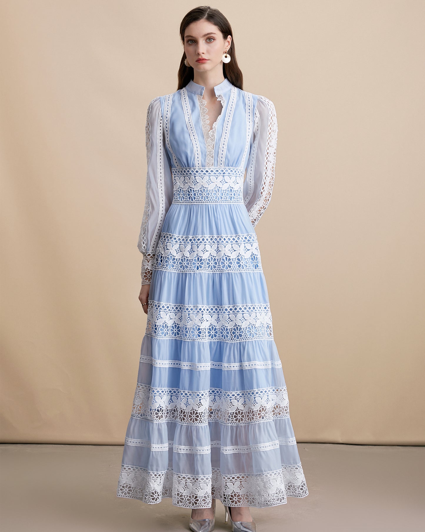 Women's Blue V-Neck Boho Chic Lace Tiered Maxi Dress