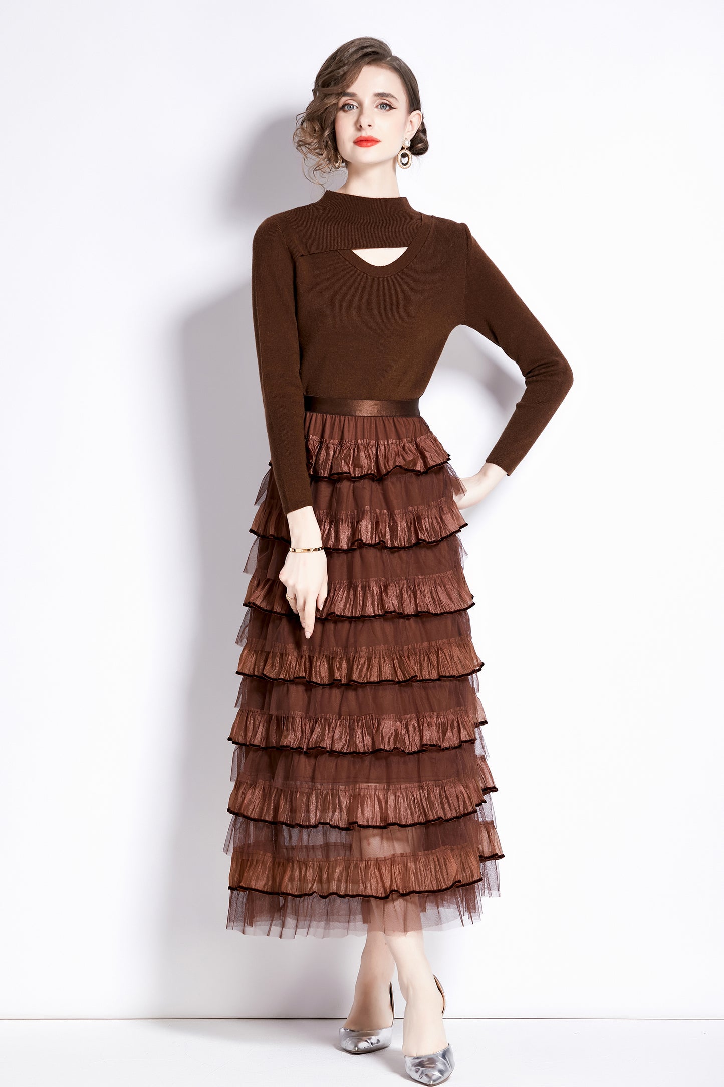 Women's 2 Piece Skirt Set Knit Top Ruffle Layered Skirt