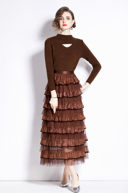 Women's 2 Piece Skirt Set Knit Top Ruffle Layered Skirt