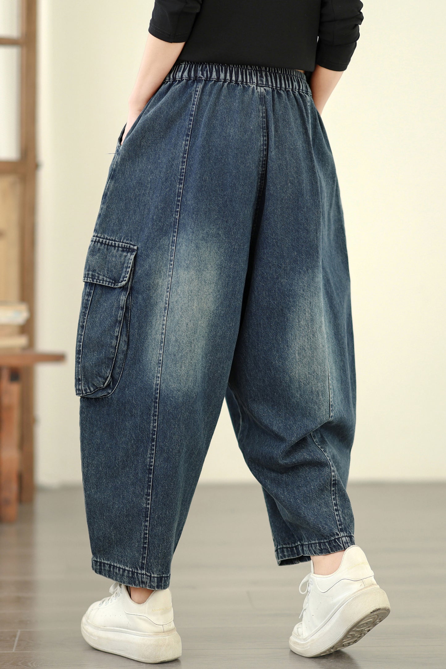 Women's Baggy Jeans Drawstring Elastic Barrel Denim Pants
