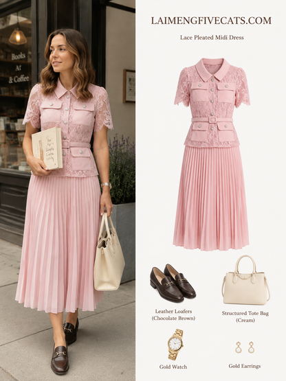 Lace Pleated Midi Dress | Elegant Fake Two-Piece Collared Dress