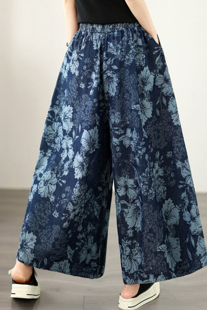 Floral Print Lightweight Wide Leg Denim Pants