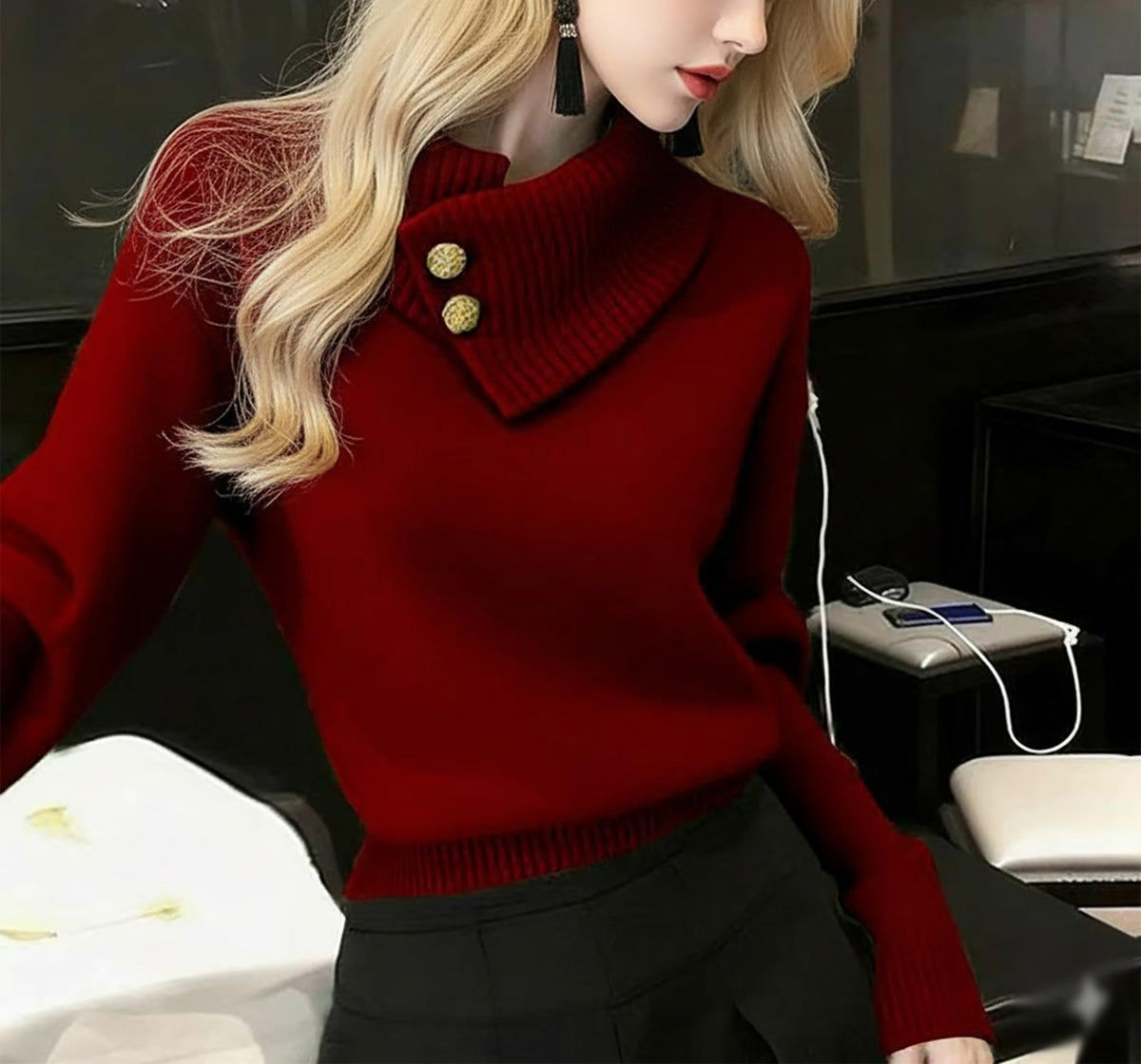 Women's Fine-Knit Funnel Neck Top — Asymmetric Fold Collar with Button Detail