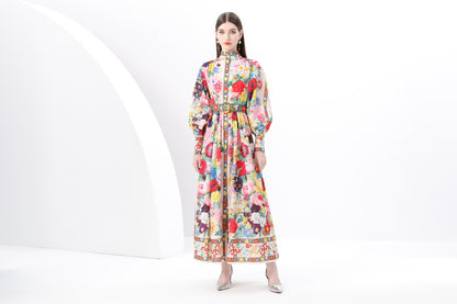 Women's Printed High-neck Puff Sleeves Maxi Dress