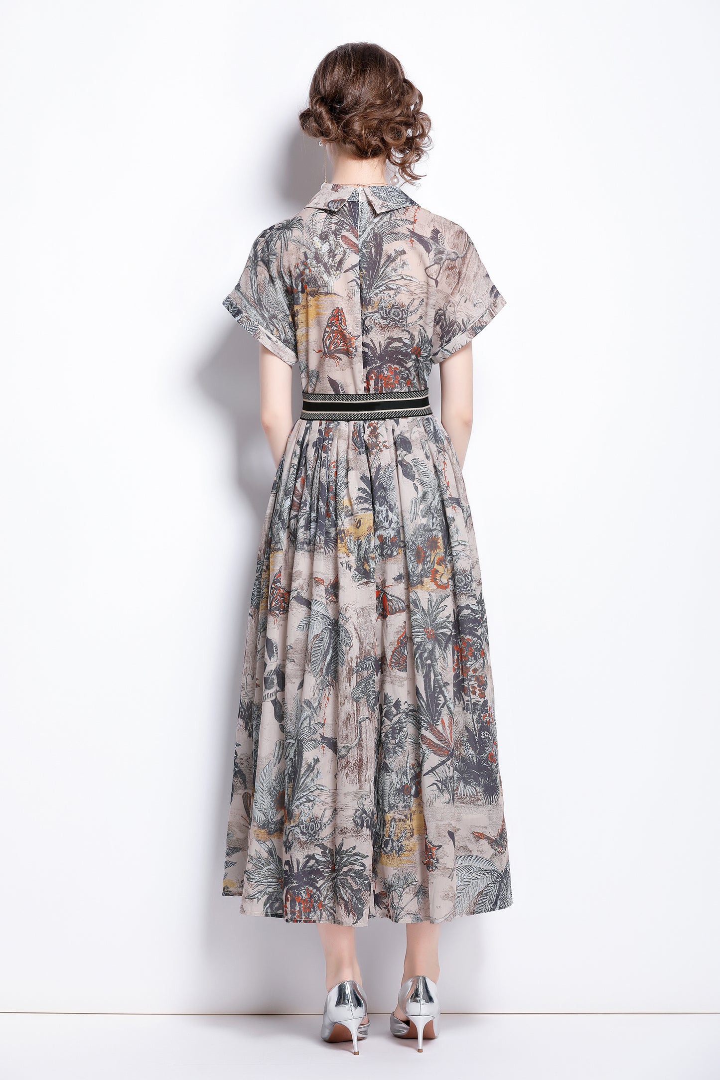 Women's Short Sleeves Print Pocket Button Midi Dress