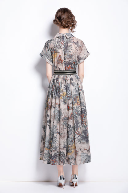 Women's Short Sleeves Print Pocket Button Midi Dress