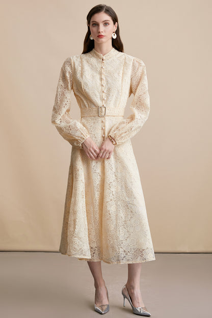 Women's Lace Stand Collar Puff Sleeve Midi Dress