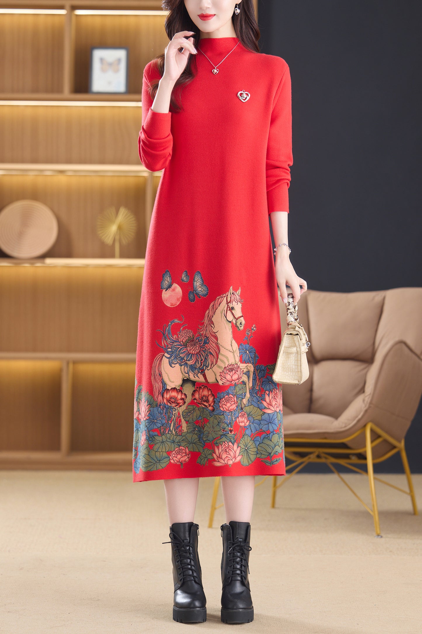 Women's Turtleneck Sweater Long Sleeve Red Dress