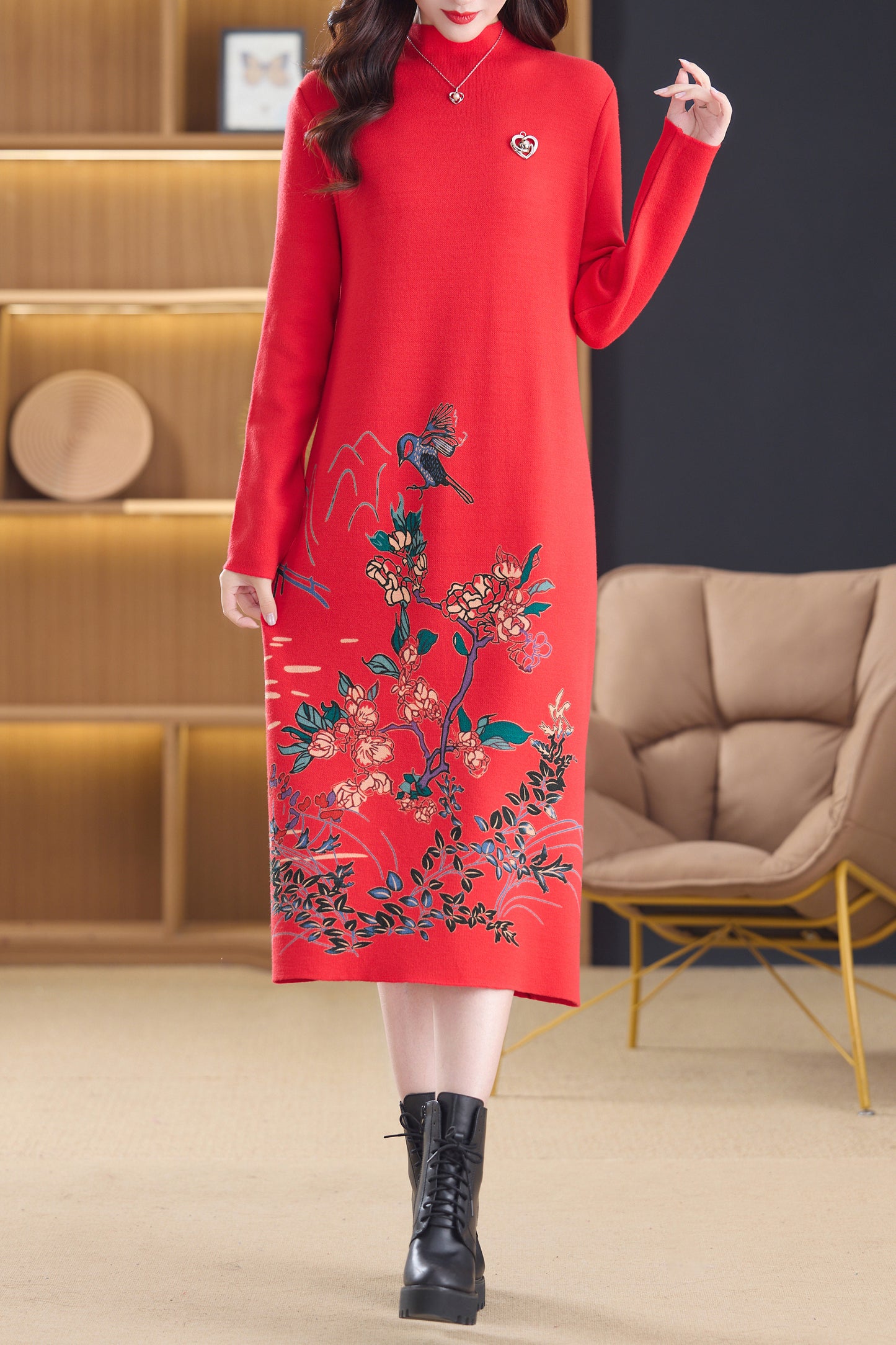 Women's Turtleneck Sweater Long Sleeve Red Dress