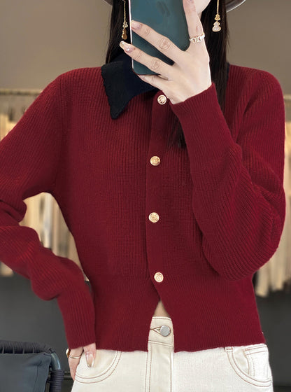 Chic Contrast Collar Knit Cardigan – Vintage Button Ribbed Sweater Top