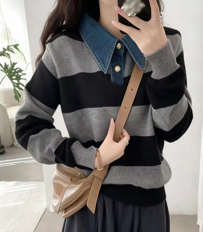 Striped Casual Knit Sweater with Denim Collar