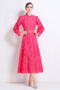 Women's Puff Long Sleeve Hollow Lace Maxi Dress