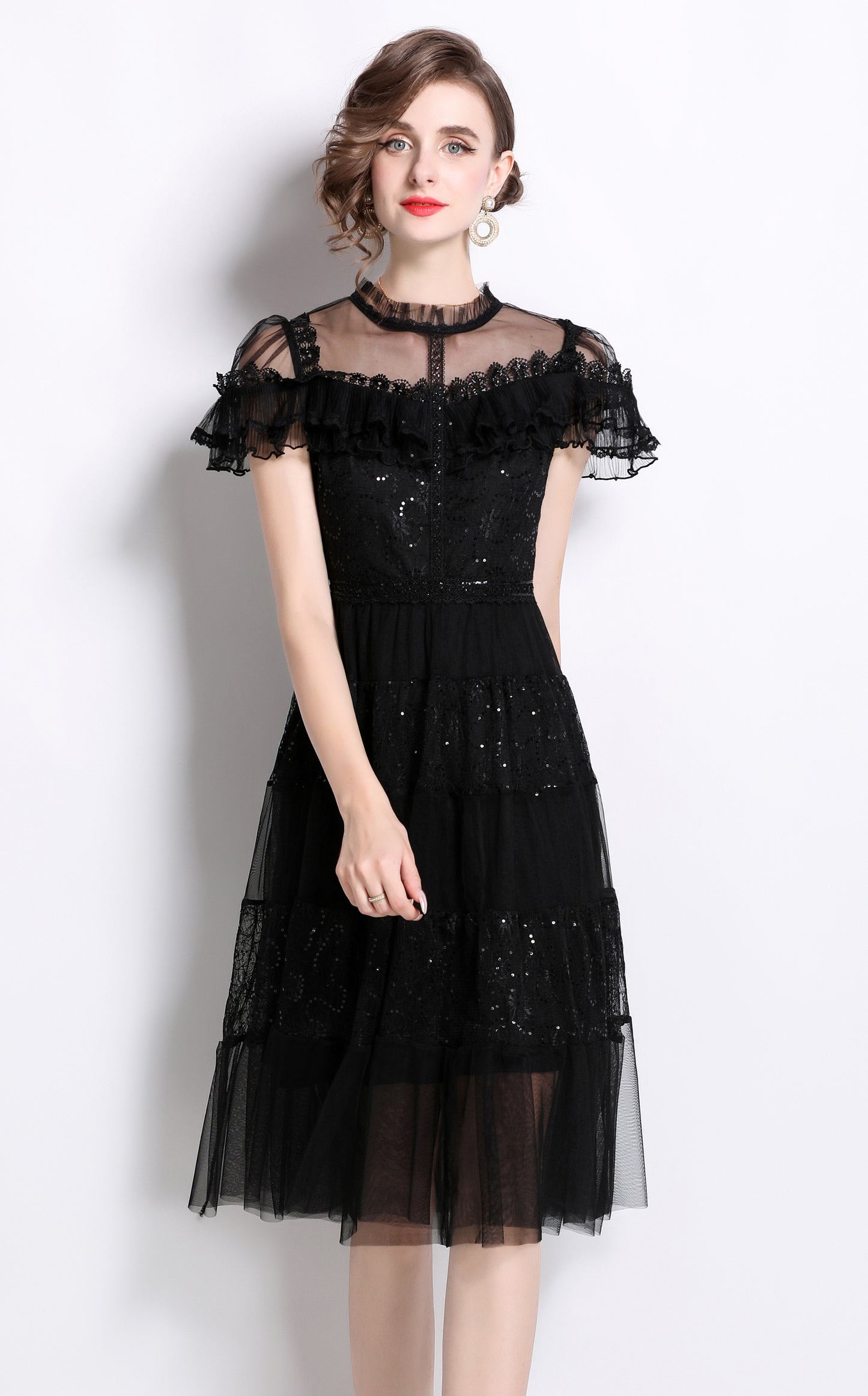 Sequin Lace Ruffle Midi Dress – Black