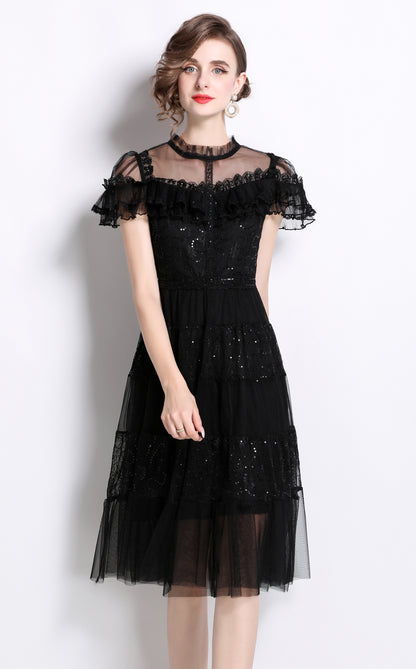 Sequin Lace Ruffle Midi Dress – Black