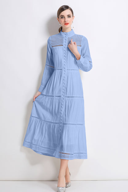 Women's Hollow Out Lace Button Long Sleeve Maxi Dress