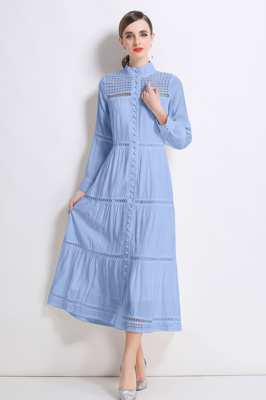 Women's Hollow Out Lace Button Long Sleeve Maxi Dress