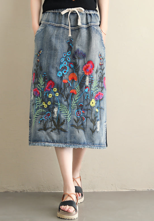 Embroidered Floral Denim Midi Skirt
