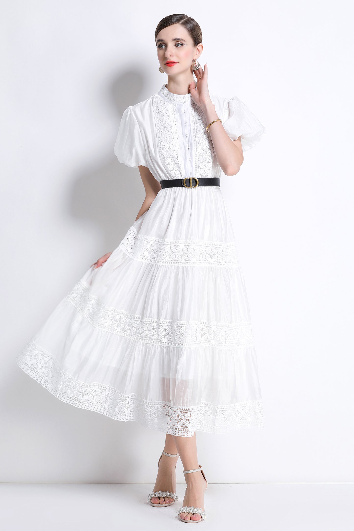 Women's Puff Sleeve Button Lace Midi Dress