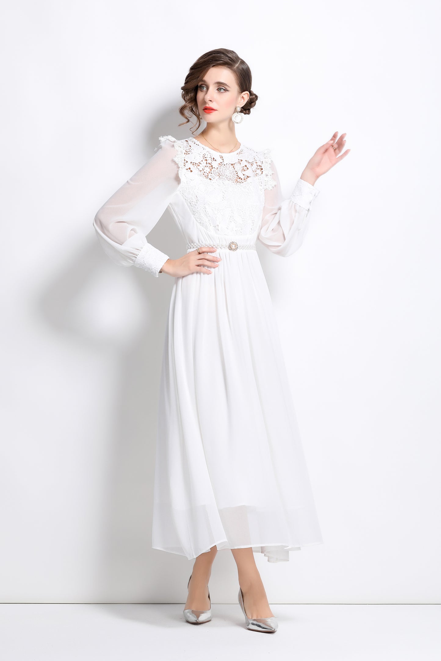 Lace Chiffon Puff Sleeves Maxi Dress with Belt