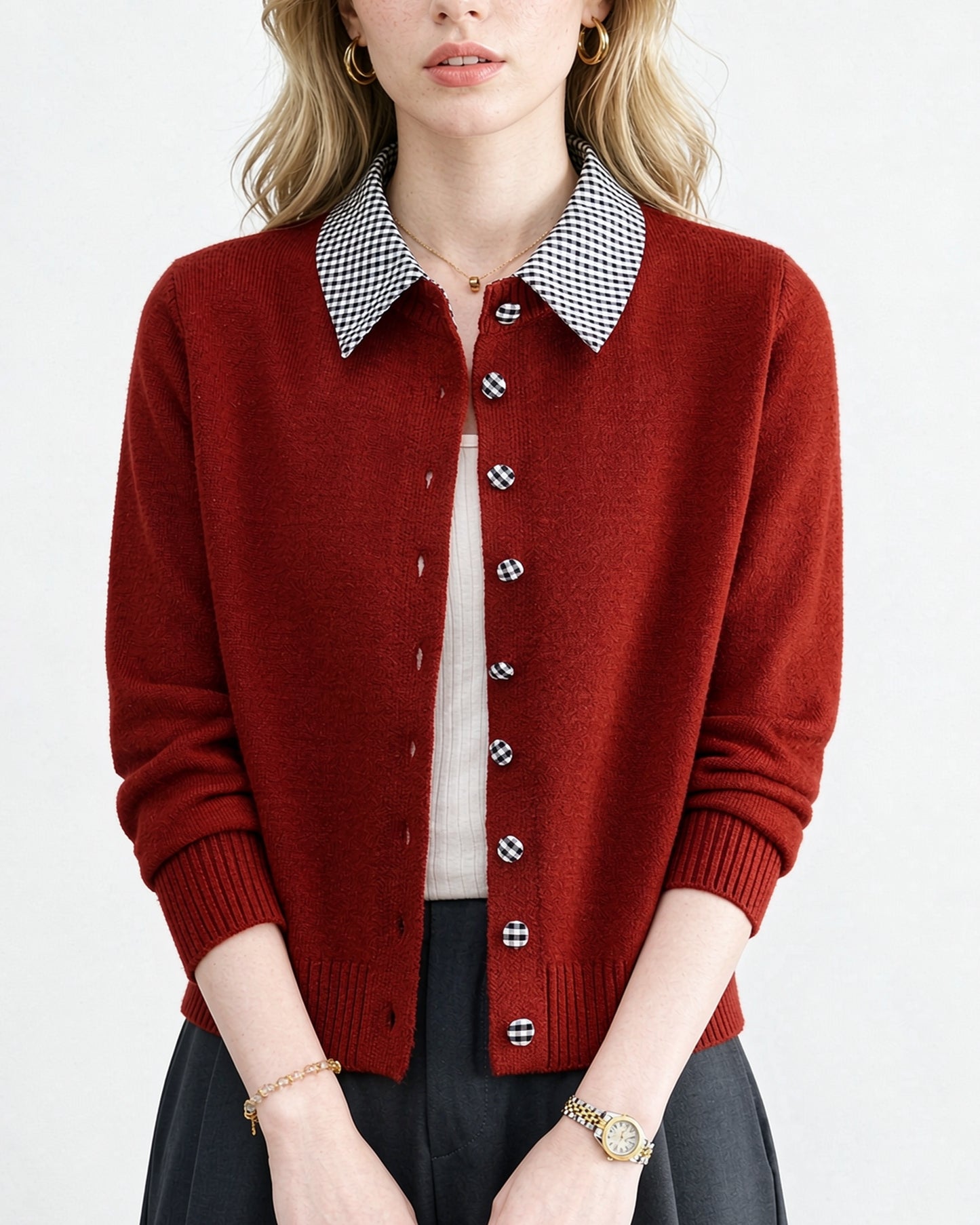 Contrast Gingham Collar Knit Cardigan – Vintage Button Sweater Top