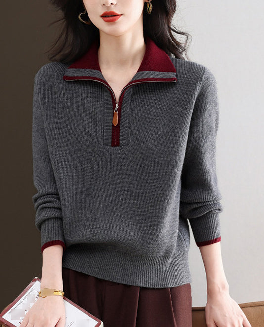 Contrast Collar Half-Zip Knit Sweater – Chic Colorblock Ribbed Pullover