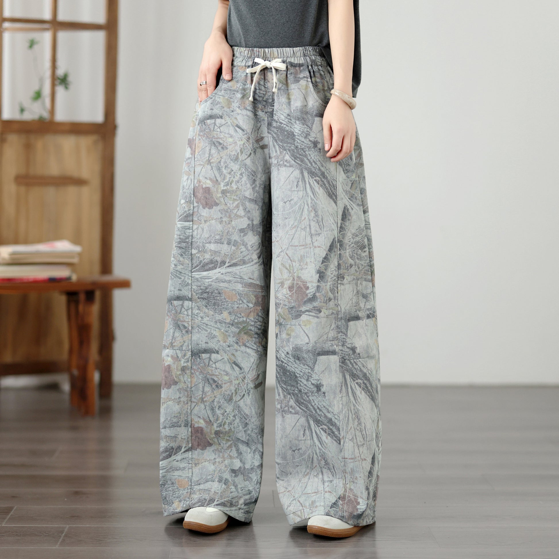 Women's Wide Leg Jeans Lightweight Wasited Elastic Print Y2K Pants - LAI MENG FIVE CATS