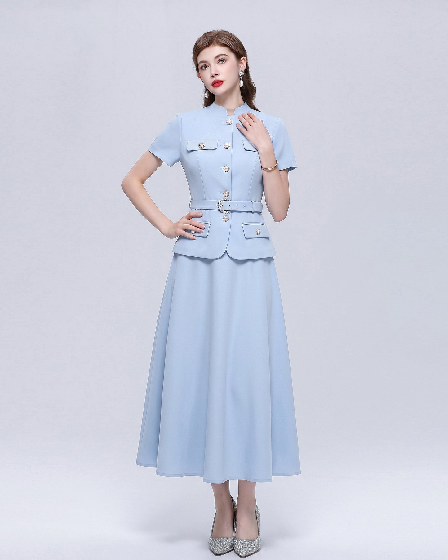 Chic 2-Piece Outfit: EShort-Sleeve Mandarin Collar Jacket & A-Line Skirt