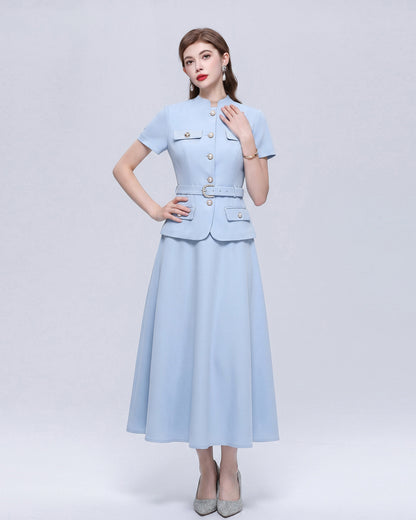 Chic 2-Piece Outfit: EShort-Sleeve Mandarin Collar Jacket & A-Line Skirt