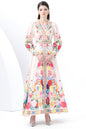 Women's Notch Lapels Puff Sleeve Print Maxi Dress