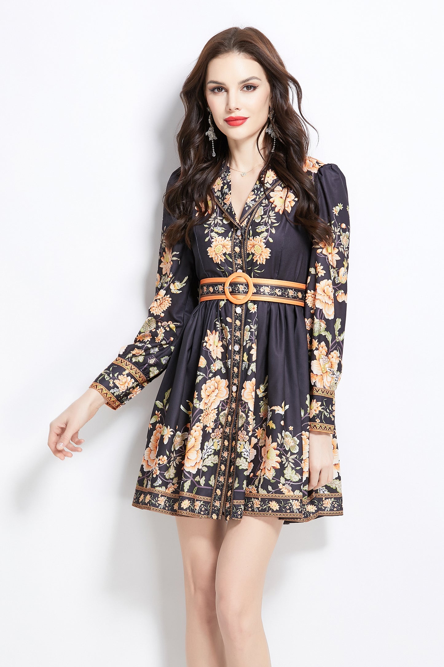 Women's Lapel V-Neck Floral Print Pleats Mini Dress