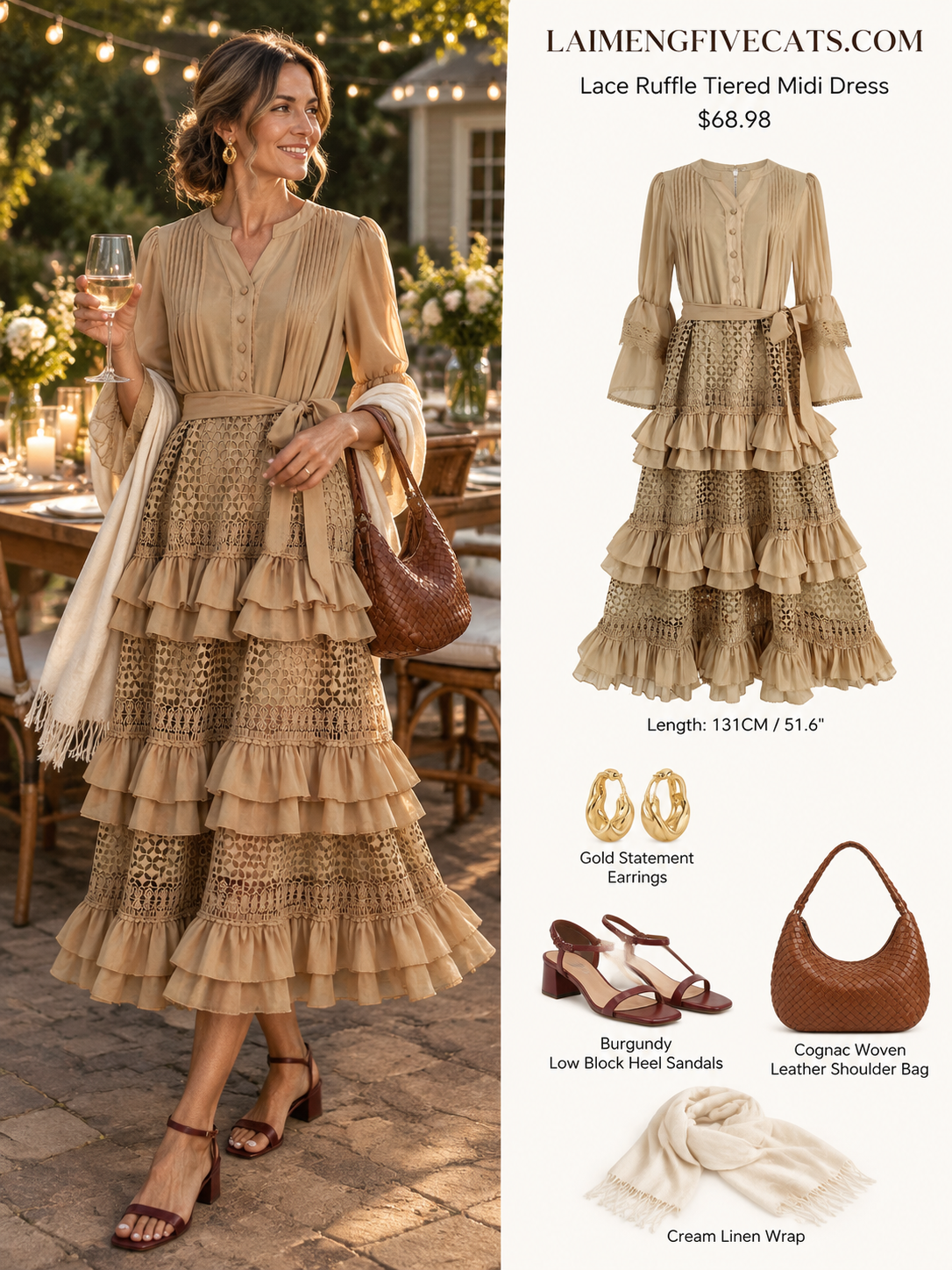 Bell Sleeves  Buttons Ruffle Layered Hem Hollow Princess Dress with Belt - LAI MENG FIVE CATS