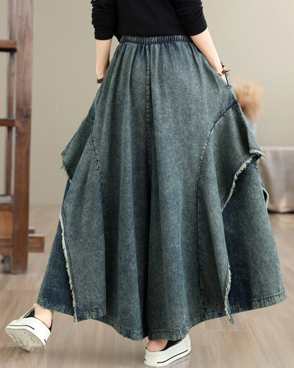 Women Loose Denim Skirt Pants Baggy Elastic Waist Casual Wide Leg Jeans