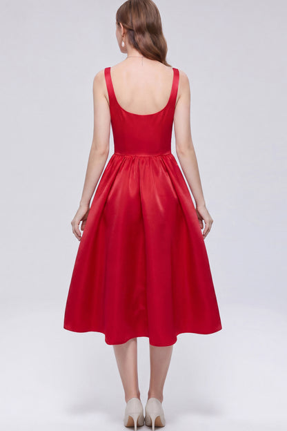 Elegant Red Satin Bow Sleeveless Strappy A-Line Party Midi Dress