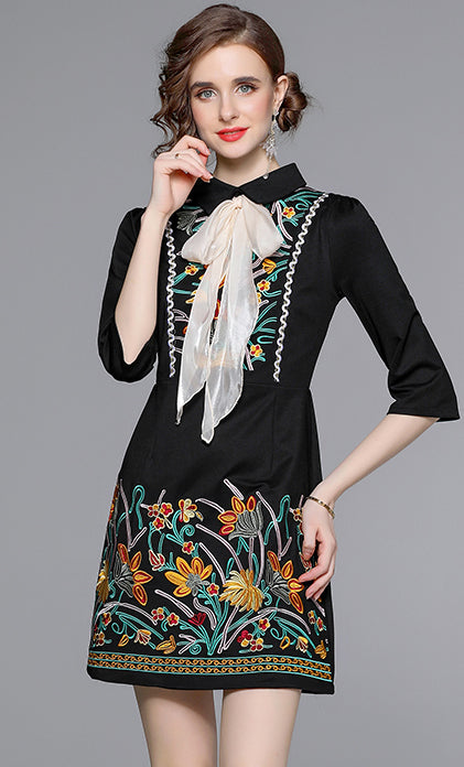 Black Embroidered Bow Tie Mini Dress – Vintage-Inspired Chic