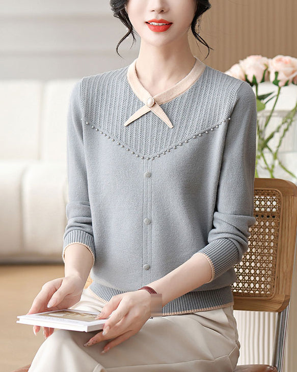 Elegant Pearl Long Sleeve Knit Sweater Pullover Top