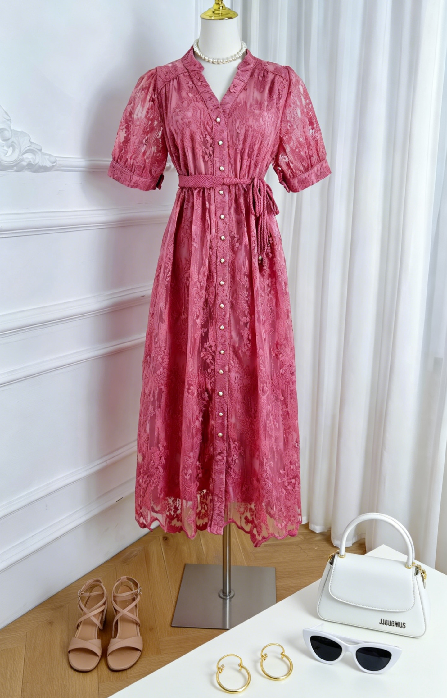Hot Pink Embroidered Mesh Puff Sleeve Midi Dress - LAI MENG FIVE CATS