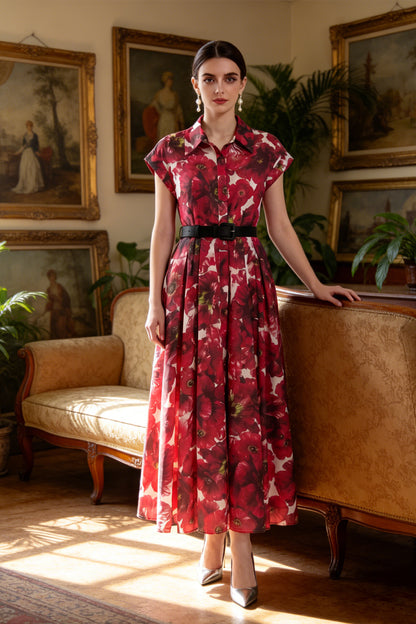 Elegant Floral Shirt Midi Dress with Belt