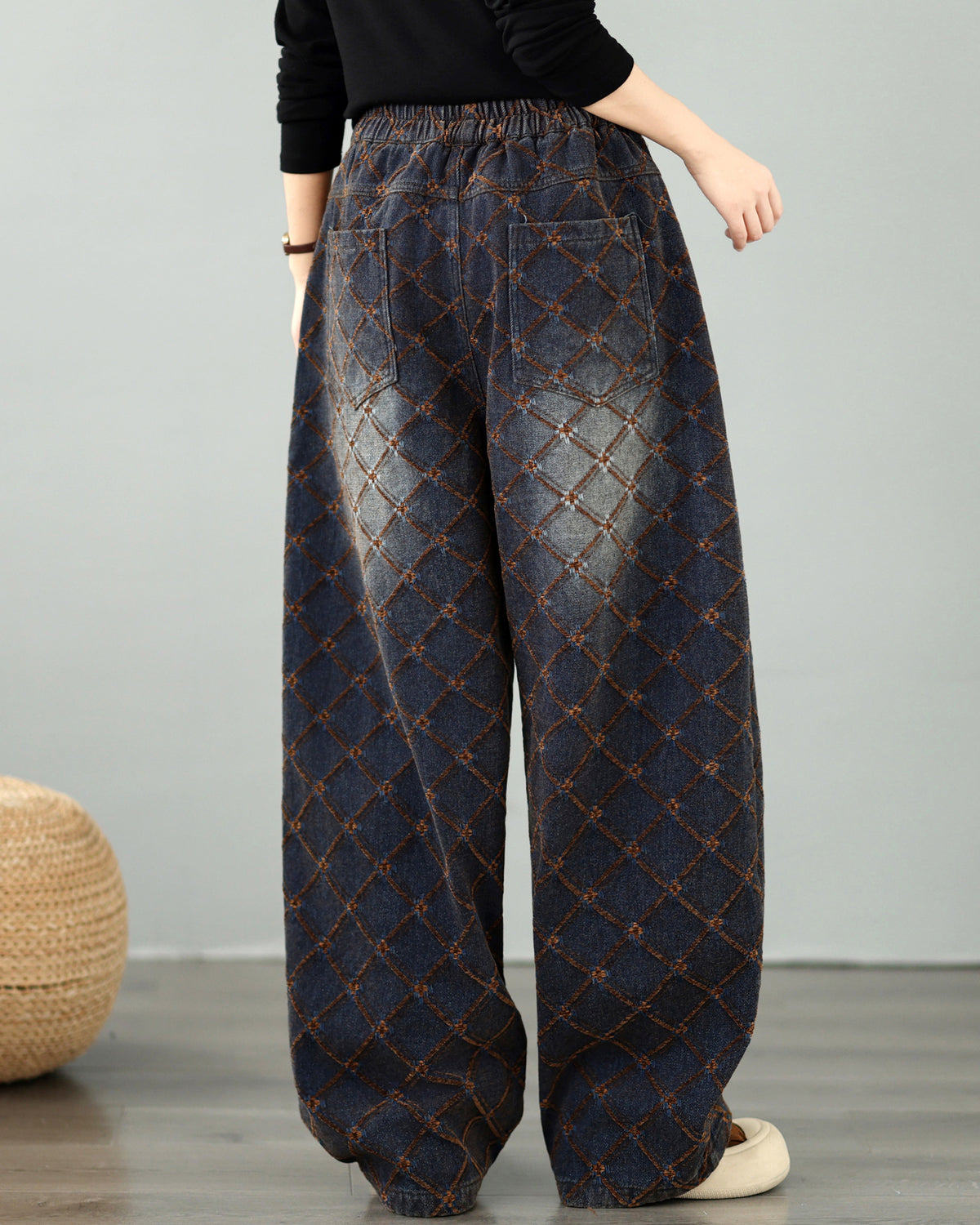 28673-Vintage Plaid Denim Wide Leg Pants with Elastic Waist