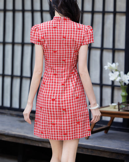 Red Cherry Gingham Cheongsam with Puff Sleeves Qipao Mini Dress