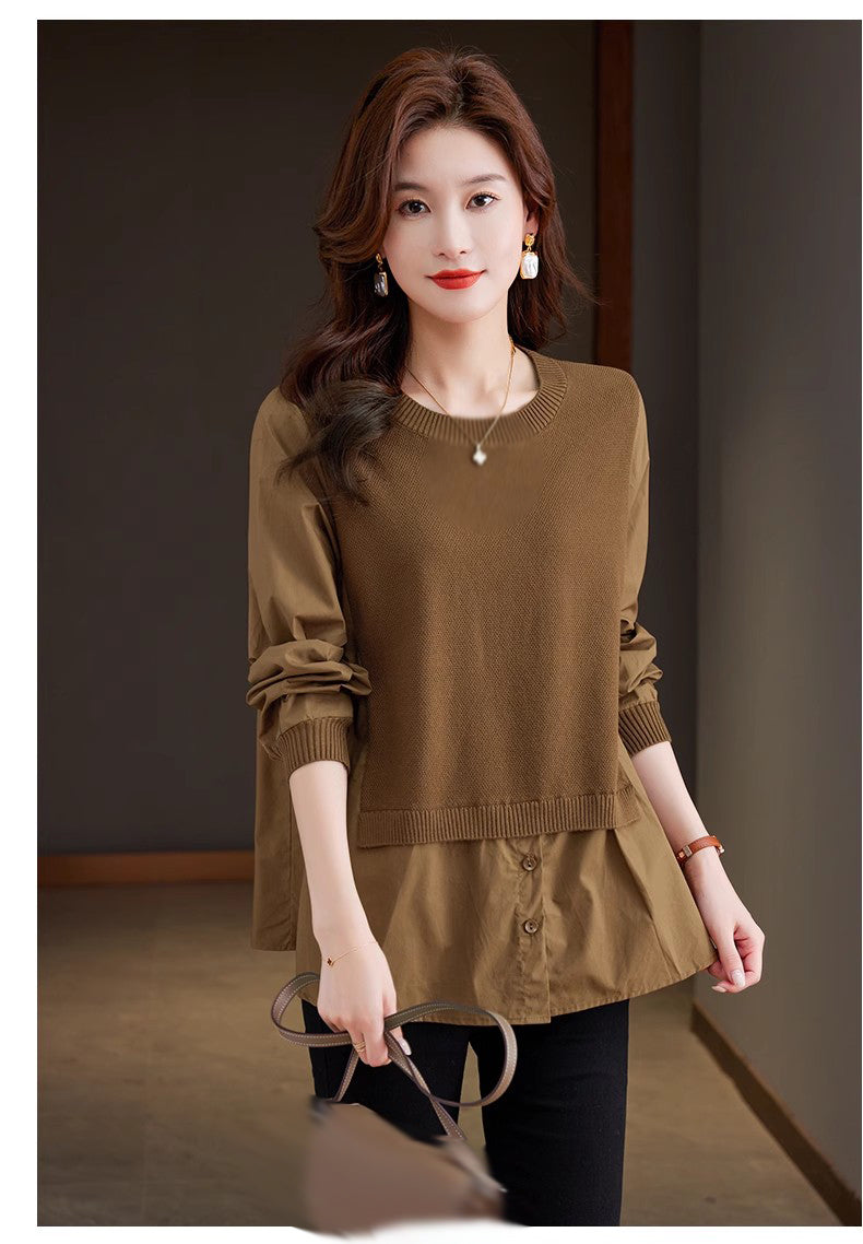 Women's Fall Patchwork Shirt Pullover Loose Blouse Tops