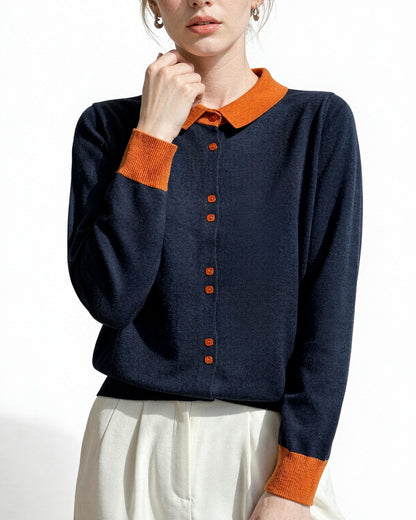 Contrast Collar Knit Cardigan – Two-Tone Polo Button-Up Sweater