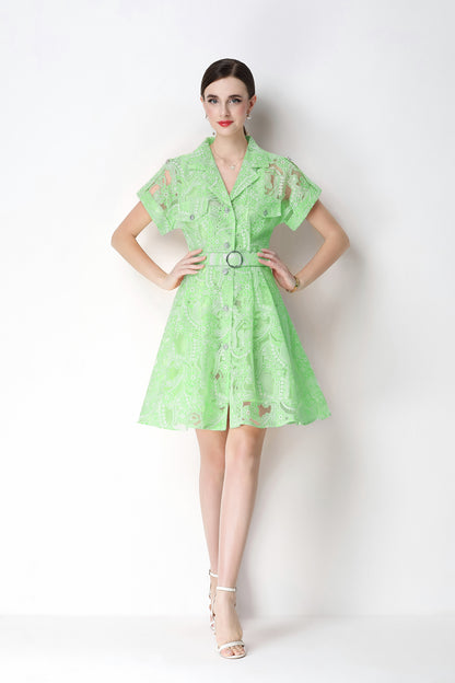 Mint Bloom Lace Mini Shirt Dress