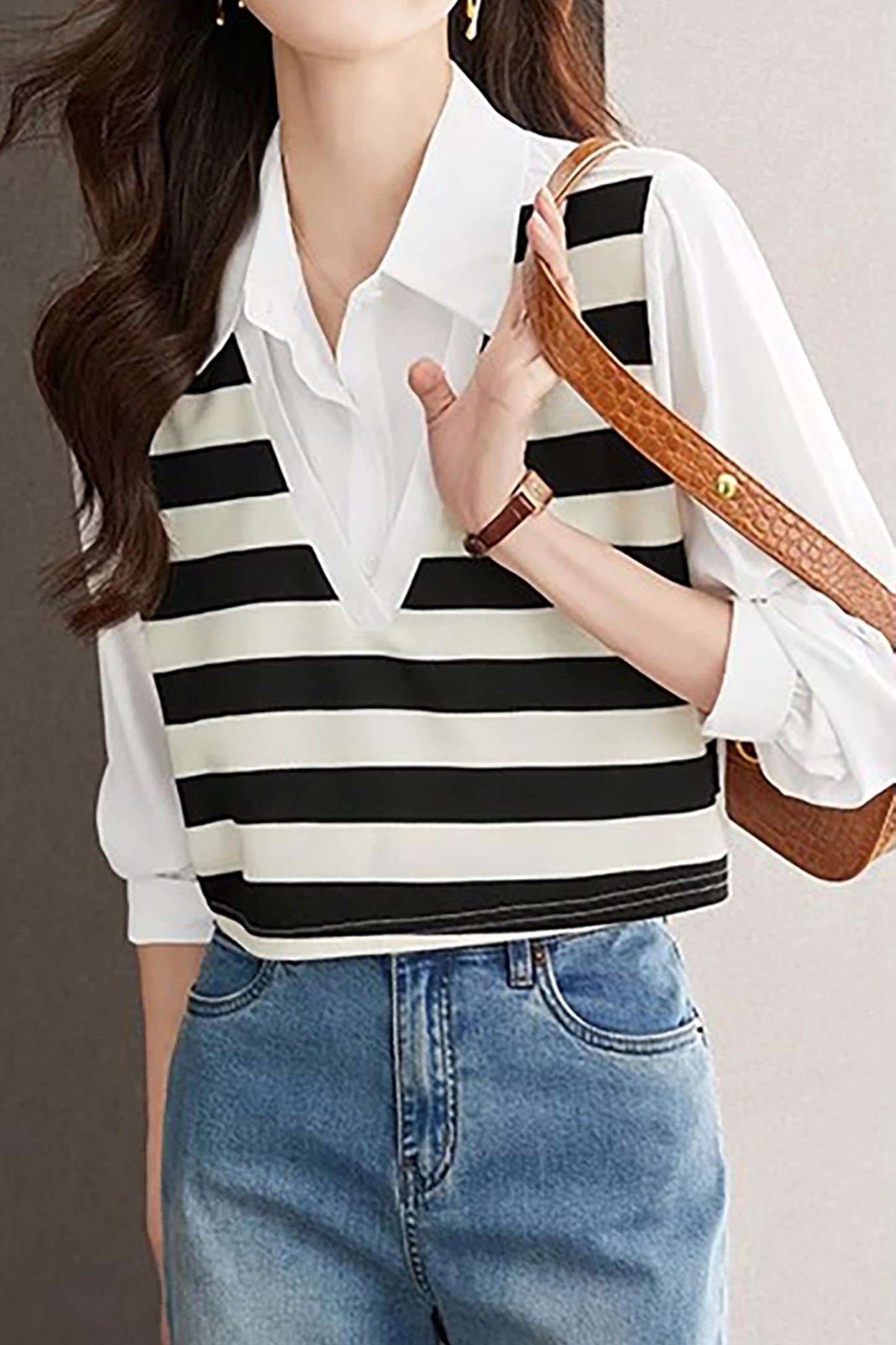 Striped 2 in 1 Knitted Vest Vintage Blouse