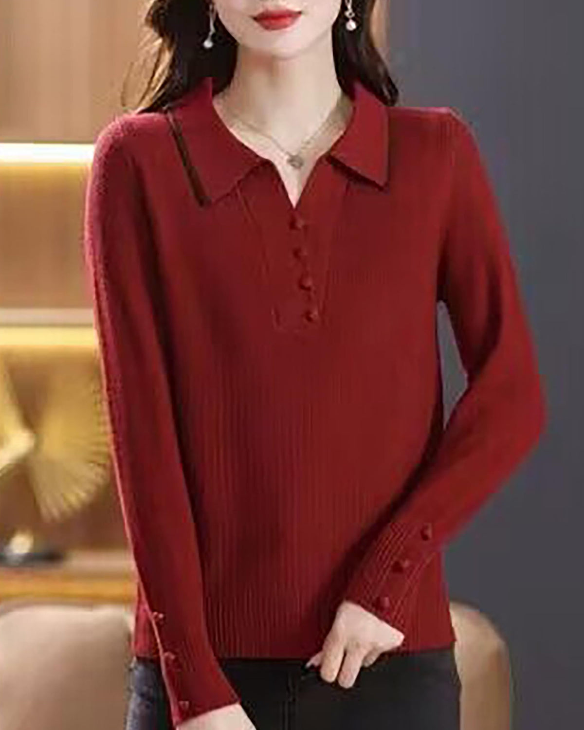 Fine-Knit Polo Top with Contrast Collar & Layered Look Sweater