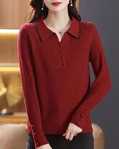 Fine-Knit Polo Top with Contrast Collar & Layered Look Sweater