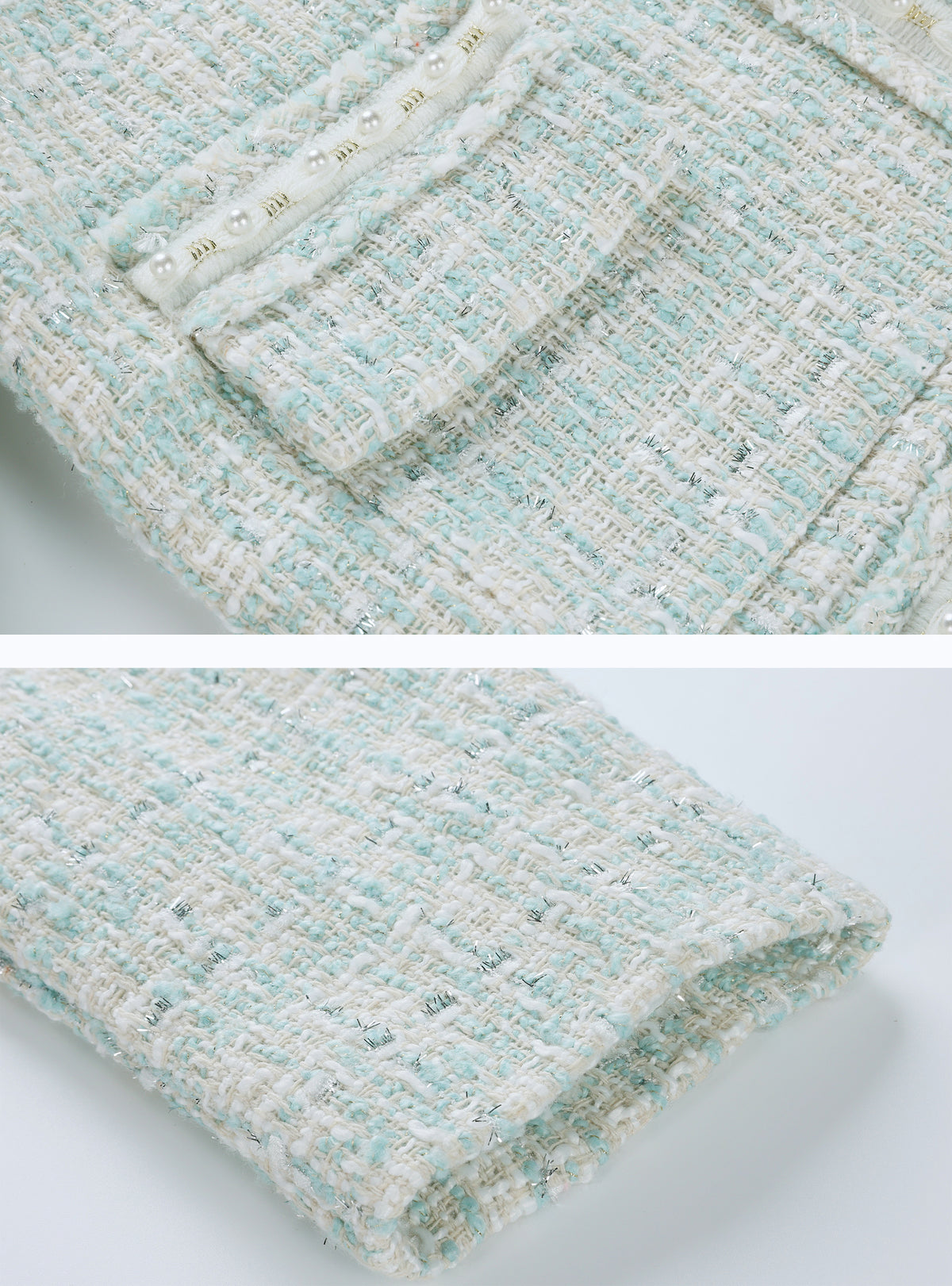 28705 Mint Blue Pearl-Trim Tweed Jacket