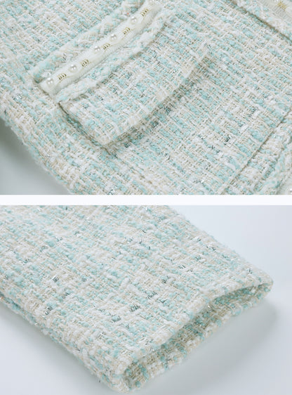 28705 Mint Blue Pearl-Trim Tweed Jacket