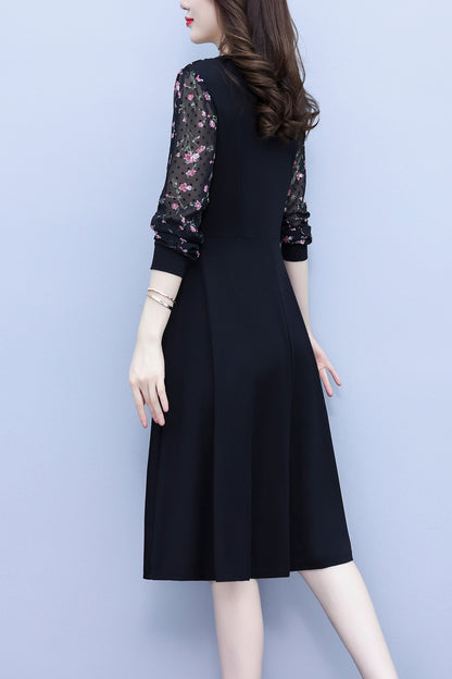 Women's Peter Pan Collar Long Sleeve Pocket Midi Dress